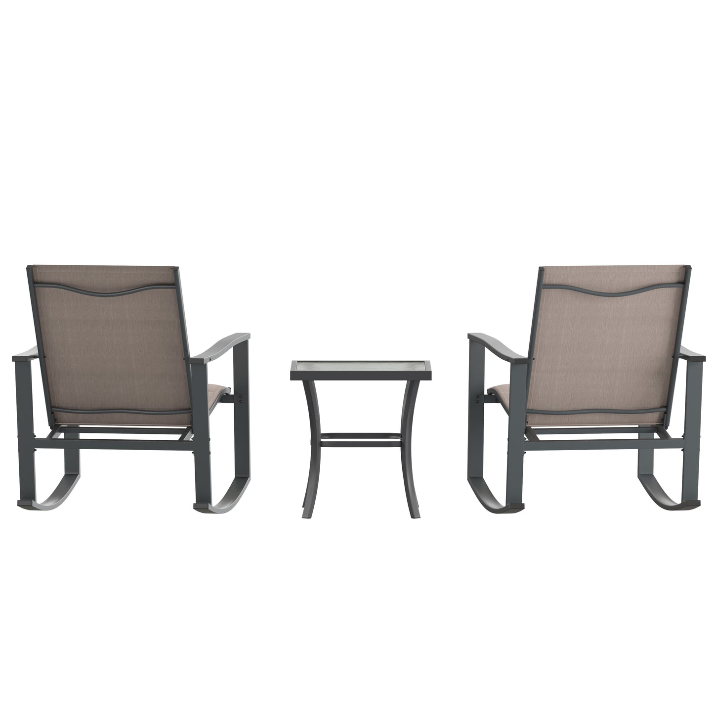 Brazos 3 Piece Outdoor Rocking Chair Bistro Set with Flex Comfort Material and Steel Framed Glass Top Table, Brown/Black