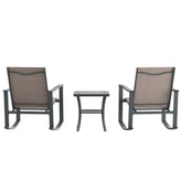 Brazos 3 Piece Outdoor Rocking Chair Bistro Set with Flex Comfort Material and Steel Framed Glass Top Table, Brown/Black