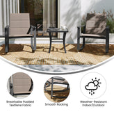 Brazos 3 Piece Outdoor Rocking Chair Bistro Set with Flex Comfort Material and Steel Framed Glass Top Table, Brown/Black
