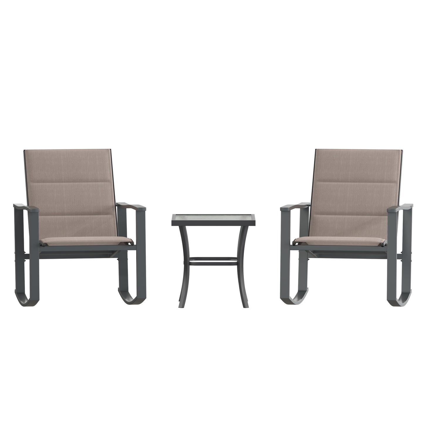 Brazos 3 Piece Outdoor Rocking Chair Bistro Set with Flex Comfort Material and Steel Framed Glass Top Table, Brown/Black