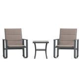 Brazos 3 Piece Outdoor Rocking Chair Bistro Set with Flex Comfort Material and Steel Framed Glass Top Table, Brown/Black
