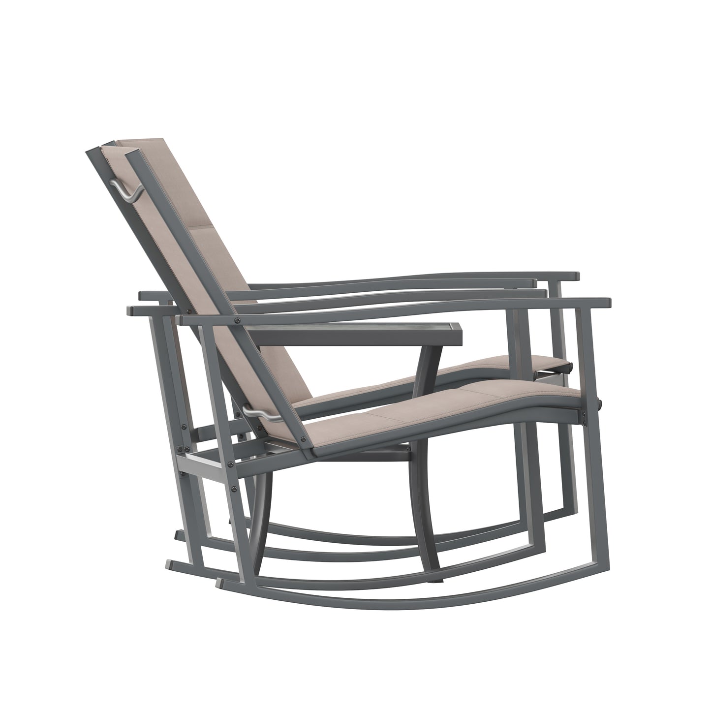 Brazos 3 Piece Outdoor Rocking Chair Bistro Set with Flex Comfort Material and Steel Framed Glass Top Table, Brown/Black