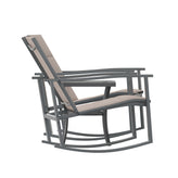 Brazos 3 Piece Outdoor Rocking Chair Bistro Set with Flex Comfort Material and Steel Framed Glass Top Table, Brown/Black