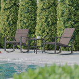 Brazos 3 Piece Outdoor Rocking Chair Bistro Set with Flex Comfort Material and Steel Framed Glass Top Table, Brown/Black