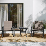 Brazos 3 Piece Outdoor Rocking Chair Bistro Set with Flex Comfort Material and Steel Framed Glass Top Table, Brown/Black
