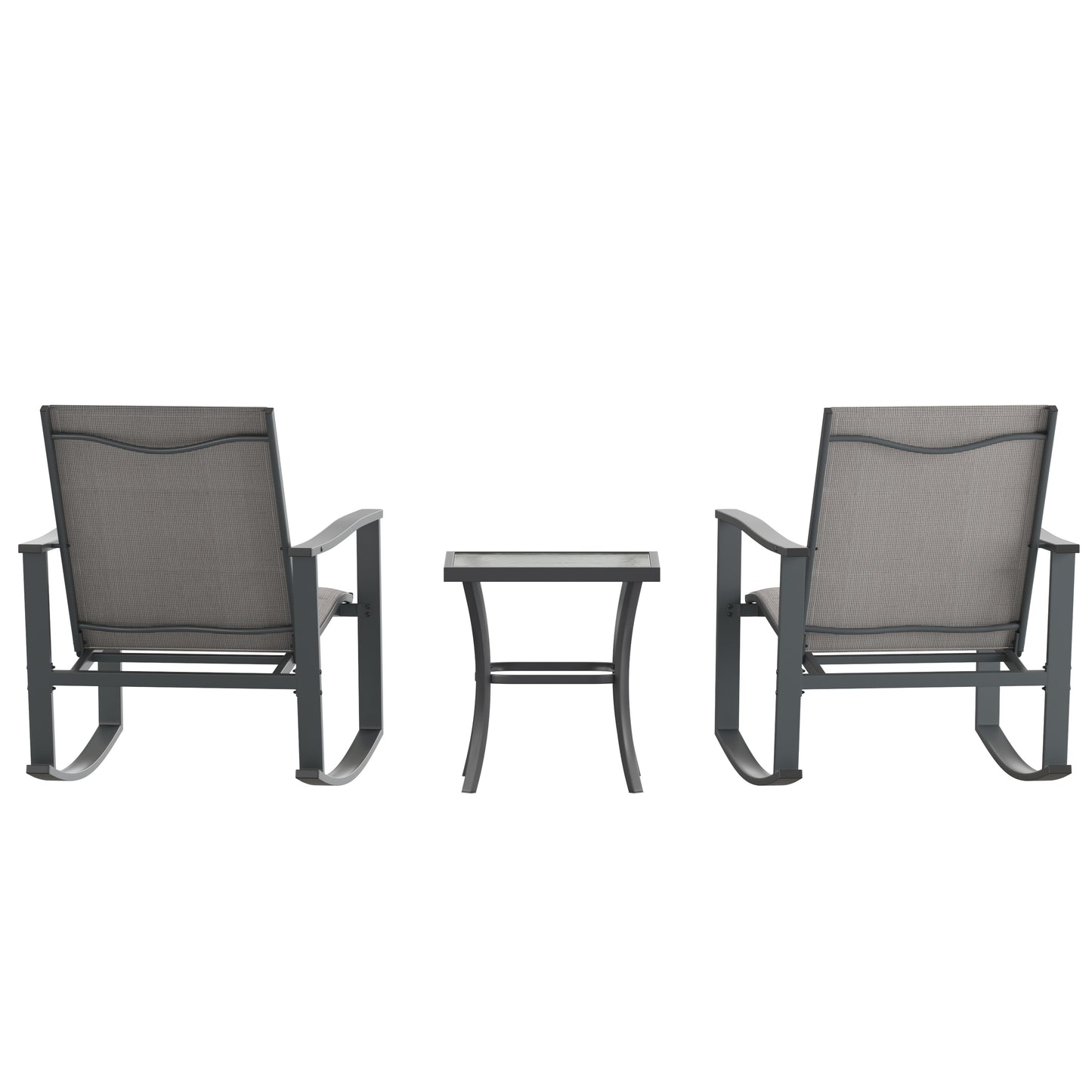 Brazos 3 Piece Outdoor Rocking Chair Bistro Set with Flex Comfort Material and Steel Framed Glass Top Table, Gray/Black