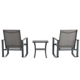 Brazos 3 Piece Outdoor Rocking Chair Bistro Set with Flex Comfort Material and Steel Framed Glass Top Table, Gray/Black