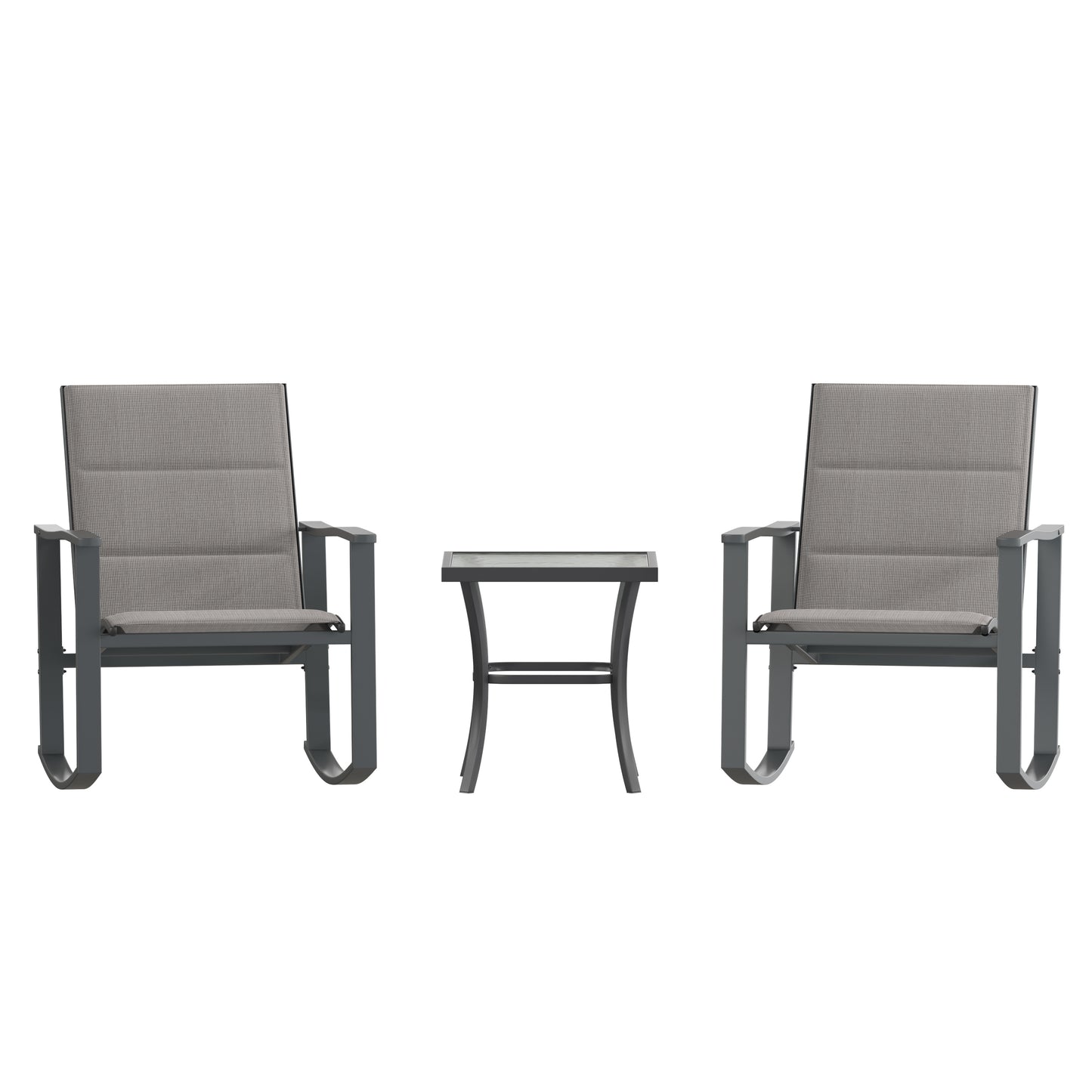 Brazos 3 Piece Outdoor Rocking Chair Bistro Set with Flex Comfort Material and Steel Framed Glass Top Table, Gray/Black
