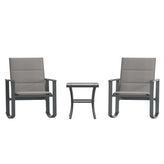 Brazos 3 Piece Outdoor Rocking Chair Bistro Set with Flex Comfort Material and Steel Framed Glass Top Table, Gray/Black