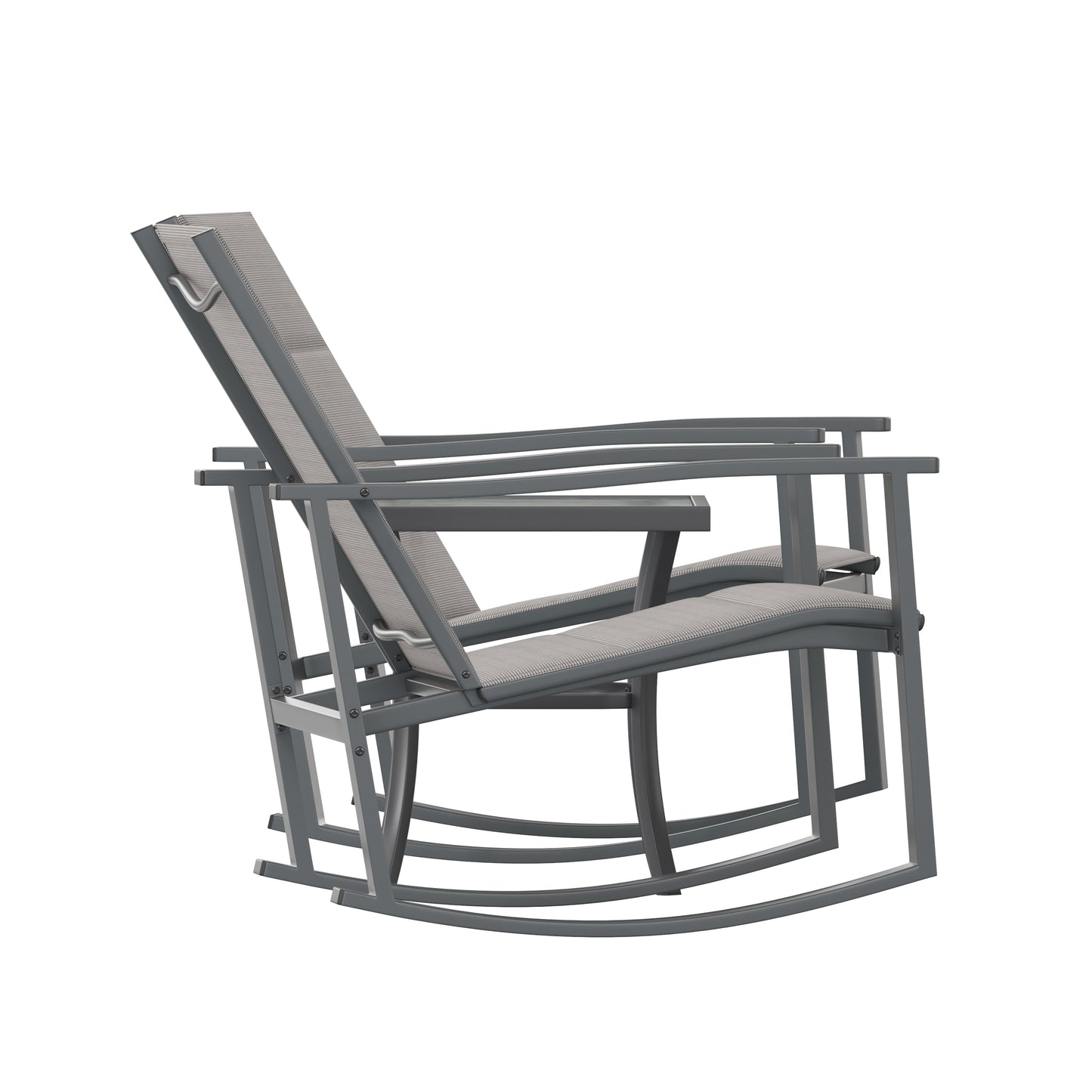 Brazos 3 Piece Outdoor Rocking Chair Bistro Set with Flex Comfort Material and Steel Framed Glass Top Table, Gray/Black