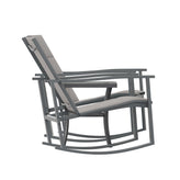 Brazos 3 Piece Outdoor Rocking Chair Bistro Set with Flex Comfort Material and Steel Framed Glass Top Table, Gray/Black