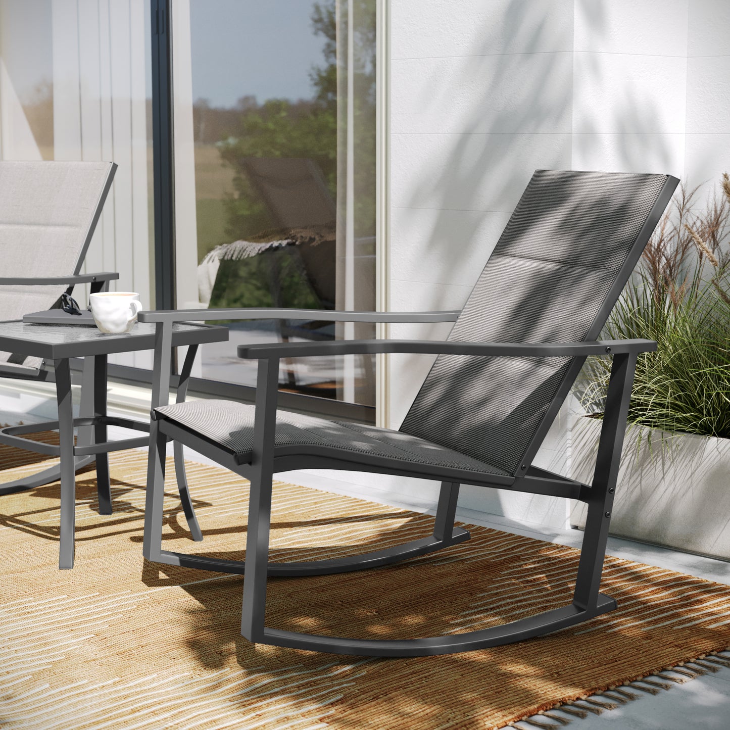 Brazos 3 Piece Outdoor Rocking Chair Bistro Set with Flex Comfort Material and Steel Framed Glass Top Table, Gray/Black