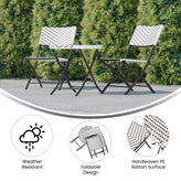 Rouen Three Piece Commercial Grade Foldable Bistro Set, Indoor/Outdoor PE Rattan Back, Seat and Table Top, Black/White with Black Steel Frames