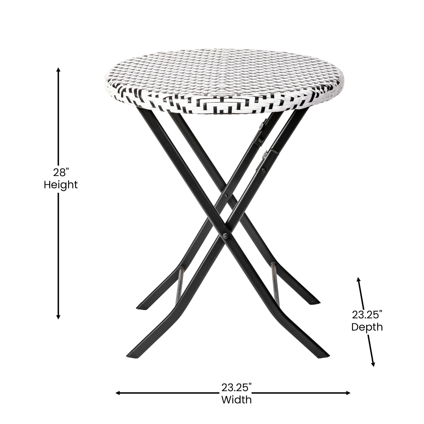 Rouen Three Piece Commercial Grade Foldable Bistro Set, Indoor/Outdoor PE Rattan Back, Seat and Table Top, Black/White with Black Steel Frames