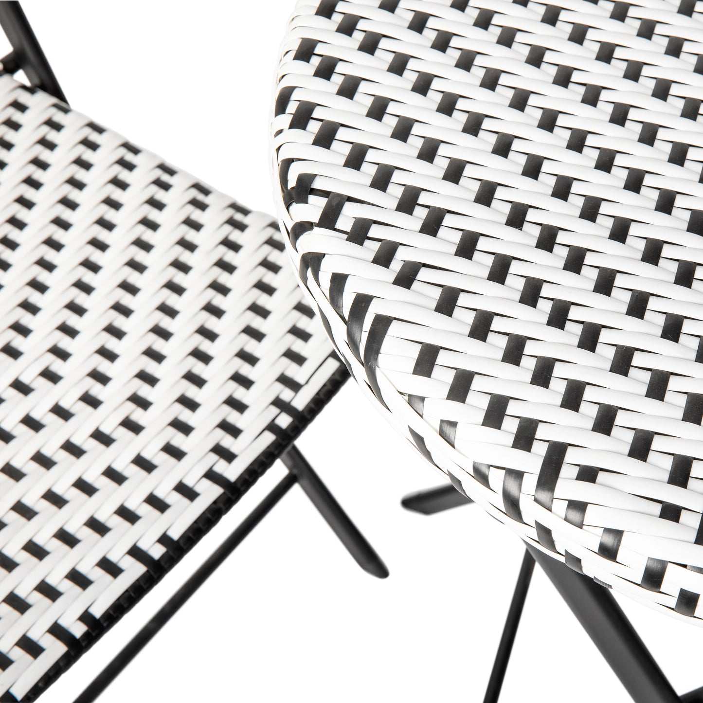 Rouen Three Piece Commercial Grade Foldable Bistro Set, Indoor/Outdoor PE Rattan Back, Seat and Table Top, Black/White with Black Steel Frames