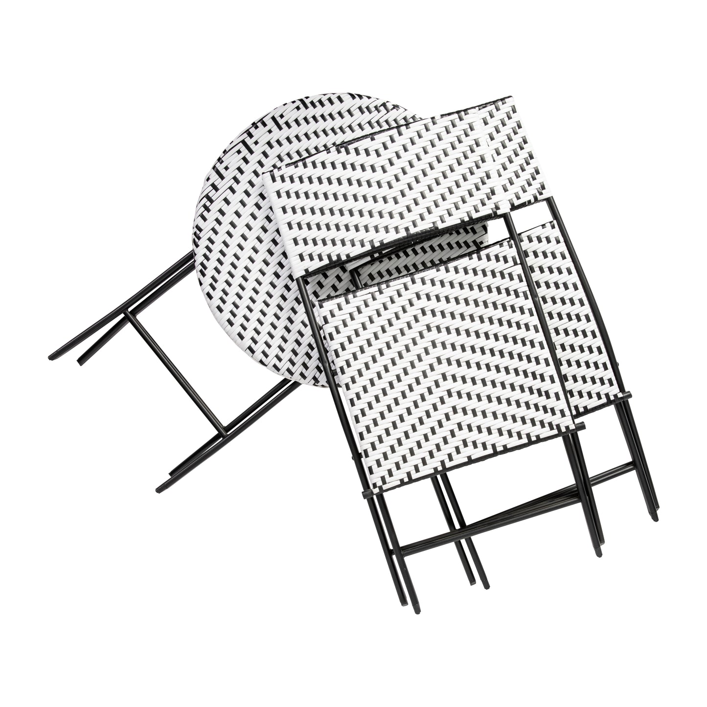 Rouen Three Piece Commercial Grade Foldable Bistro Set, Indoor/Outdoor PE Rattan Back, Seat and Table Top, Black/White with Black Steel Frames