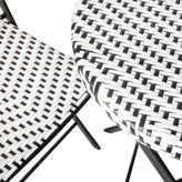 Rouen Three Piece Commercial Grade Foldable Bistro Set, Indoor/Outdoor PE Rattan Back, Seat and Table Top, Black/White with Black Steel Frames