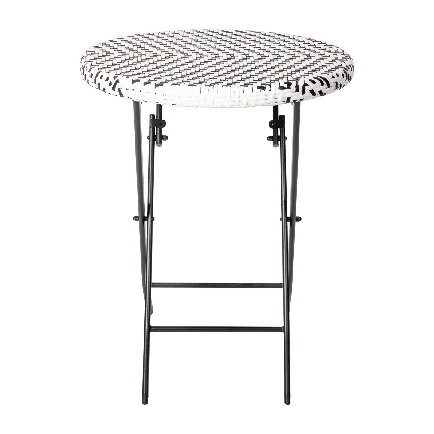 Rouen Three Piece Commercial Grade Foldable Bistro Set, Indoor/Outdoor PE Rattan Back, Seat and Table Top, Black/White with Black Steel Frames