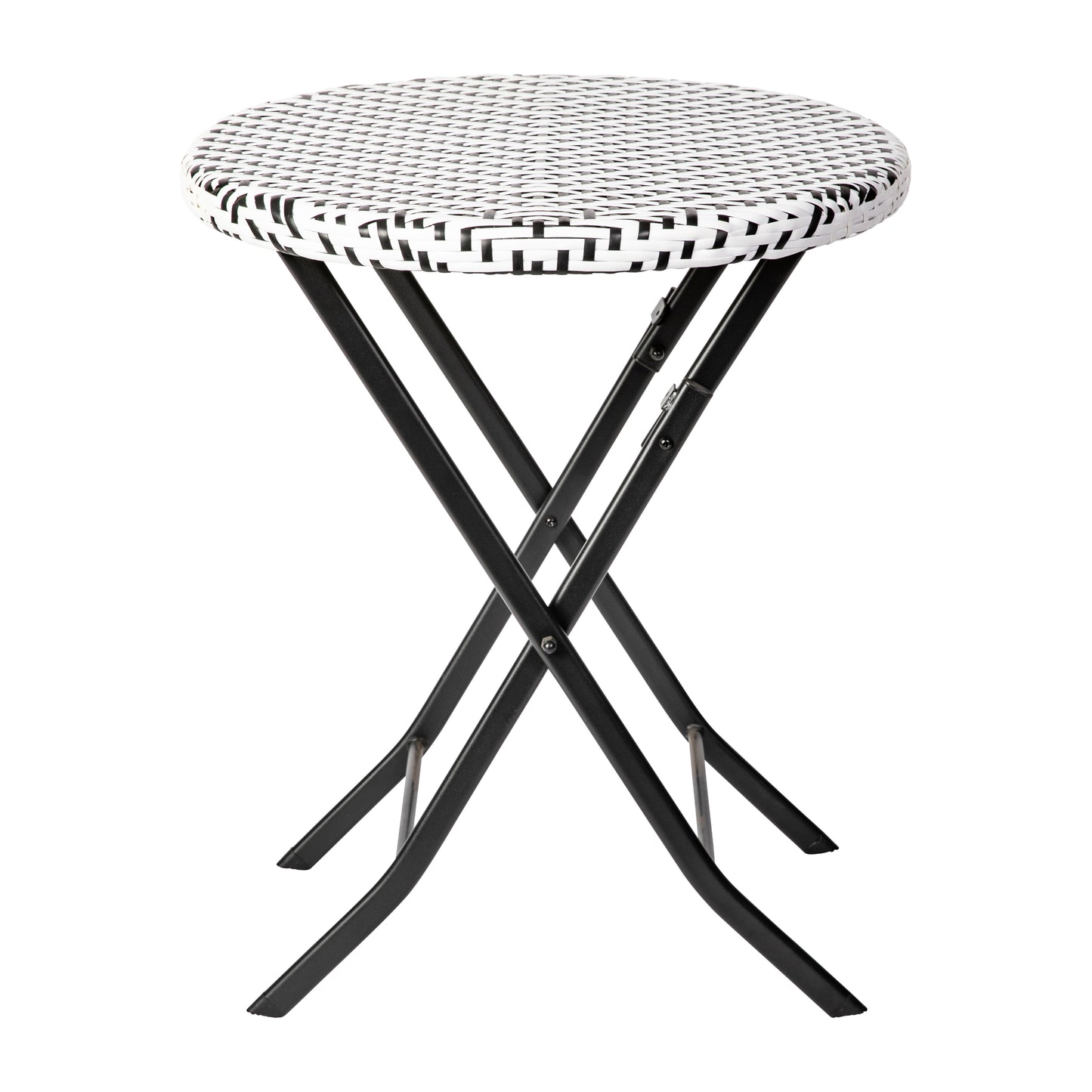 Rouen Three Piece Commercial Grade Foldable Bistro Set, Indoor/Outdoor PE Rattan Back, Seat and Table Top, Black/White with Black Steel Frames