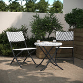 Rouen Three Piece Commercial Grade Foldable Bistro Set, Indoor/Outdoor PE Rattan Back, Seat and Table Top, Black/White with Black Steel Frames