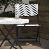 Rouen Three Piece Commercial Grade Foldable Bistro Set, Indoor/Outdoor PE Rattan Back, Seat and Table Top, Black/White with Black Steel Frames