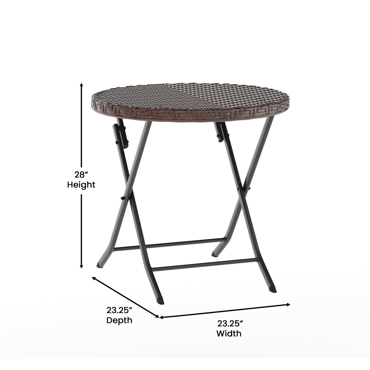 Rouen Three Piece Commercial Grade Foldable Bistro Set, Indoor/Outdoor PE Rattan Back, Seat and Table Top, Brown with Black Steel Frames