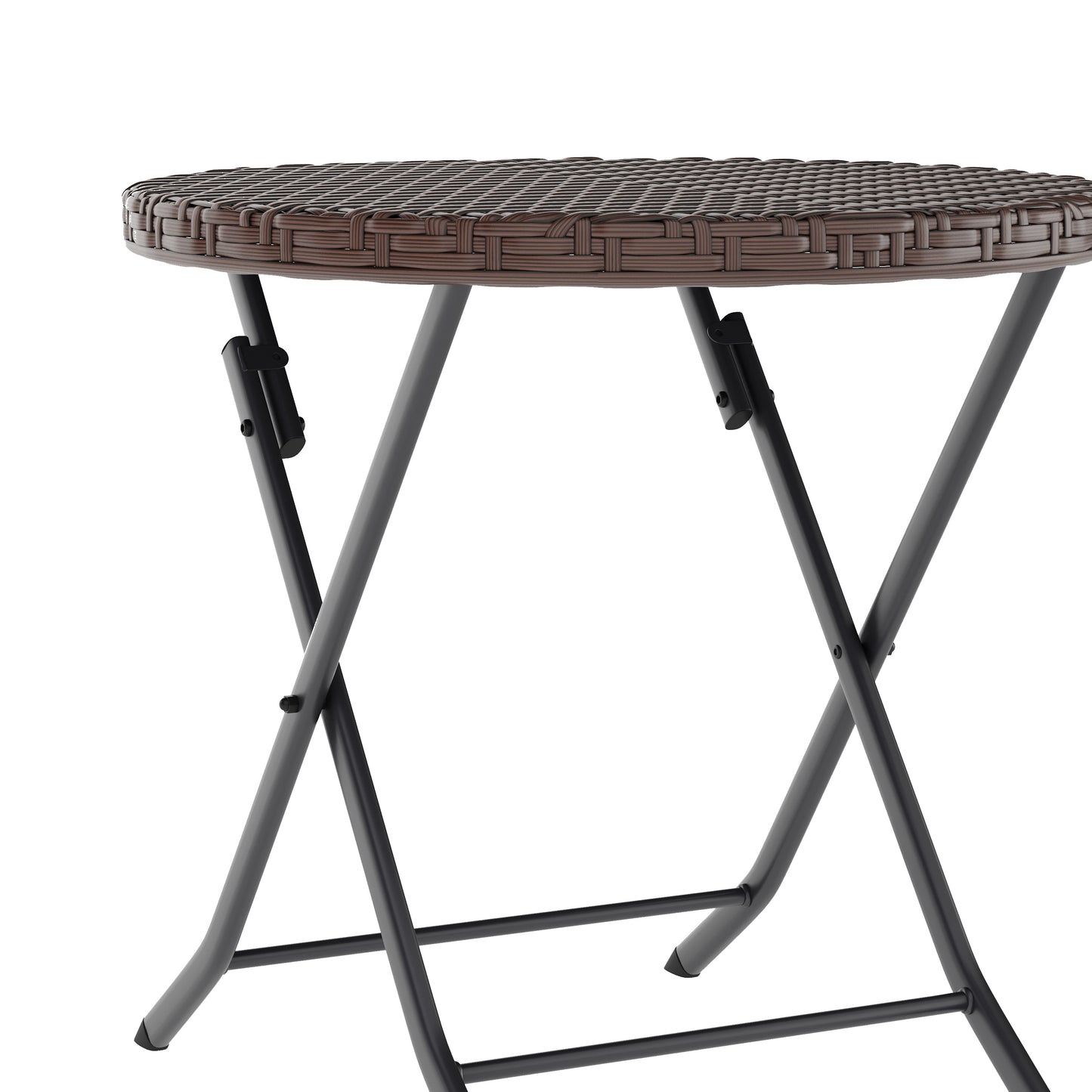Rouen Three Piece Commercial Grade Foldable Bistro Set, Indoor/Outdoor PE Rattan Back, Seat and Table Top, Brown with Black Steel Frames