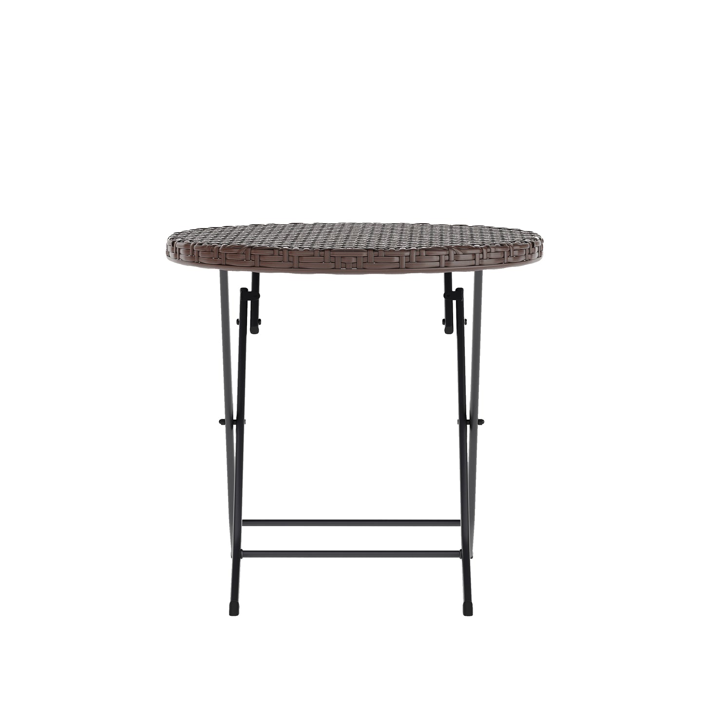 Rouen Three Piece Commercial Grade Foldable Bistro Set, Indoor/Outdoor PE Rattan Back, Seat and Table Top, Brown with Black Steel Frames