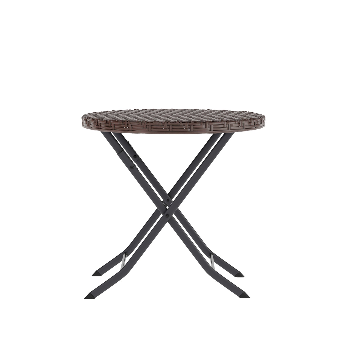 Rouen Three Piece Commercial Grade Foldable Bistro Set, Indoor/Outdoor PE Rattan Back, Seat and Table Top, Brown with Black Steel Frames