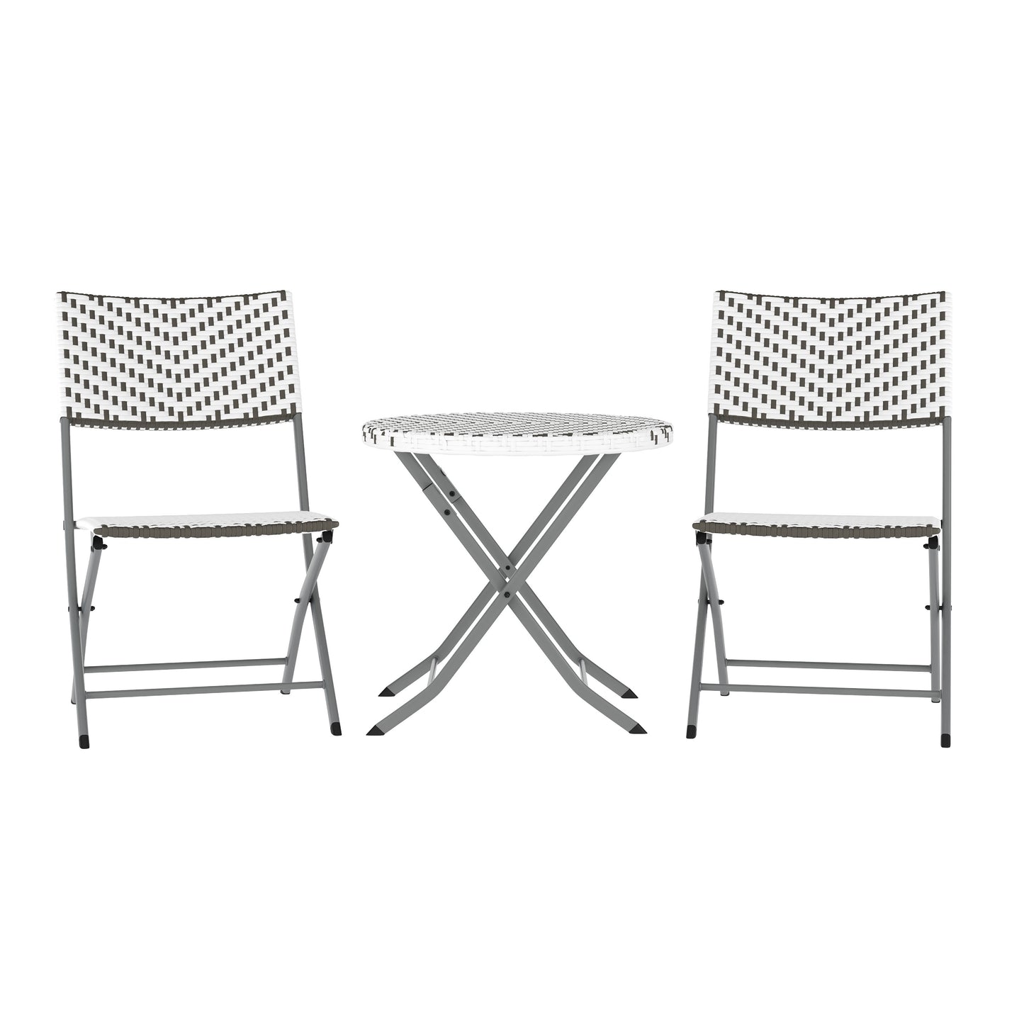 Rouen Three Piece Commercial Grade Foldable Bistro Set, Indoor/Outdoor PE Rattan Back, Seat and Table Top, Gray/White with Charcoal Steel Frame