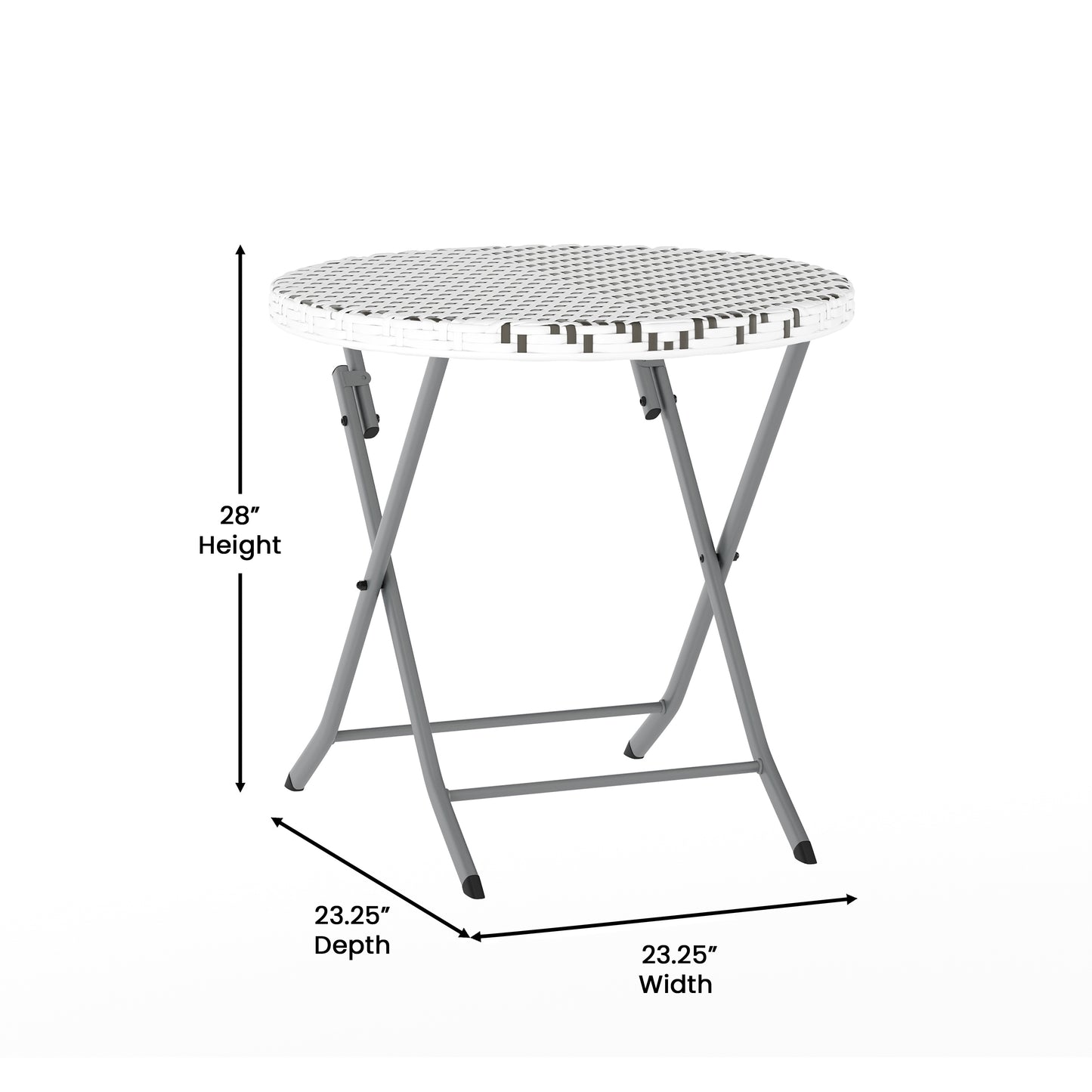 Rouen Three Piece Commercial Grade Foldable Bistro Set, Indoor/Outdoor PE Rattan Back, Seat and Table Top, Gray/White with Charcoal Steel Frame