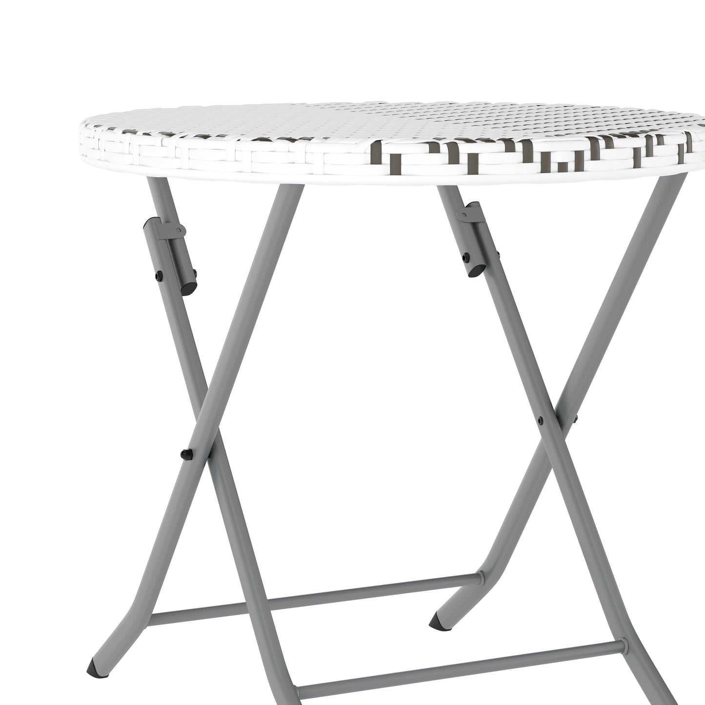 Rouen Three Piece Commercial Grade Foldable Bistro Set, Indoor/Outdoor PE Rattan Back, Seat and Table Top, Gray/White with Charcoal Steel Frame
