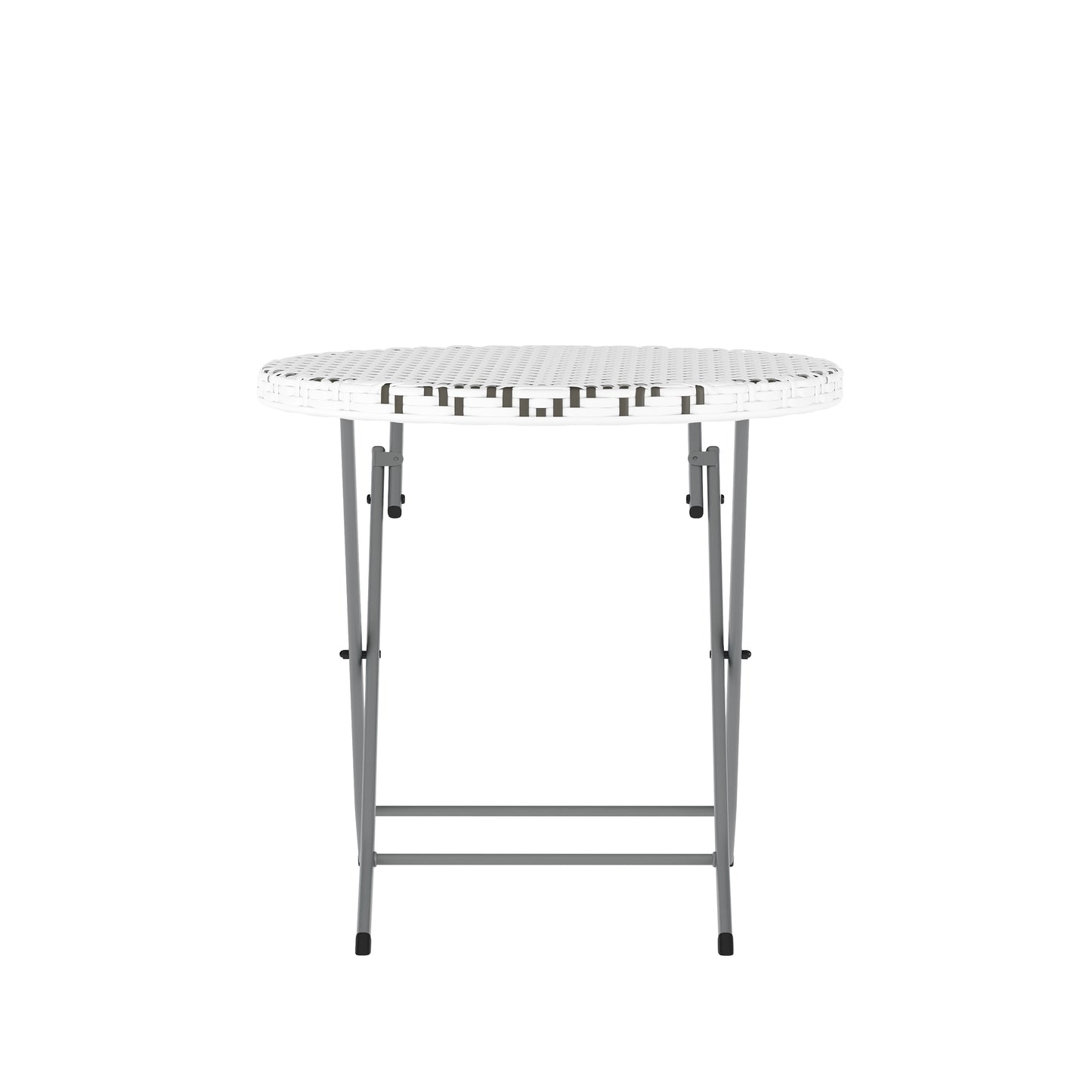 Rouen Three Piece Commercial Grade Foldable Bistro Set, Indoor/Outdoor PE Rattan Back, Seat and Table Top, Gray/White with Charcoal Steel Frame