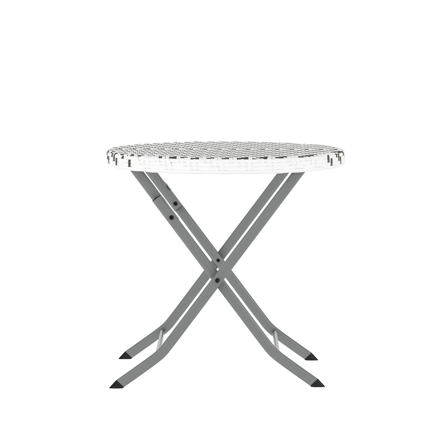 Rouen Three Piece Commercial Grade Foldable Bistro Set, Indoor/Outdoor PE Rattan Back, Seat and Table Top, Gray/White with Charcoal Steel Frame