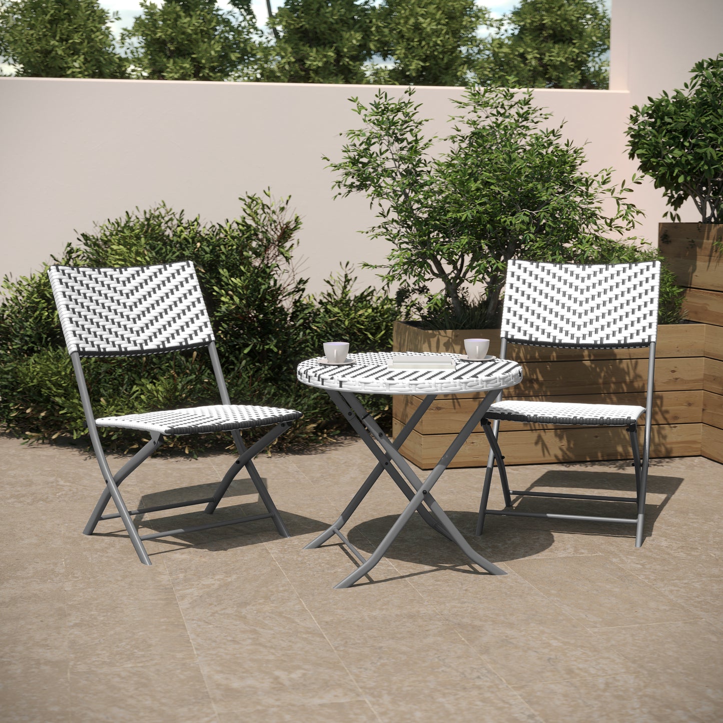 Rouen Three Piece Commercial Grade Foldable Bistro Set, Indoor/Outdoor PE Rattan Back, Seat and Table Top, Gray/White with Charcoal Steel Frame