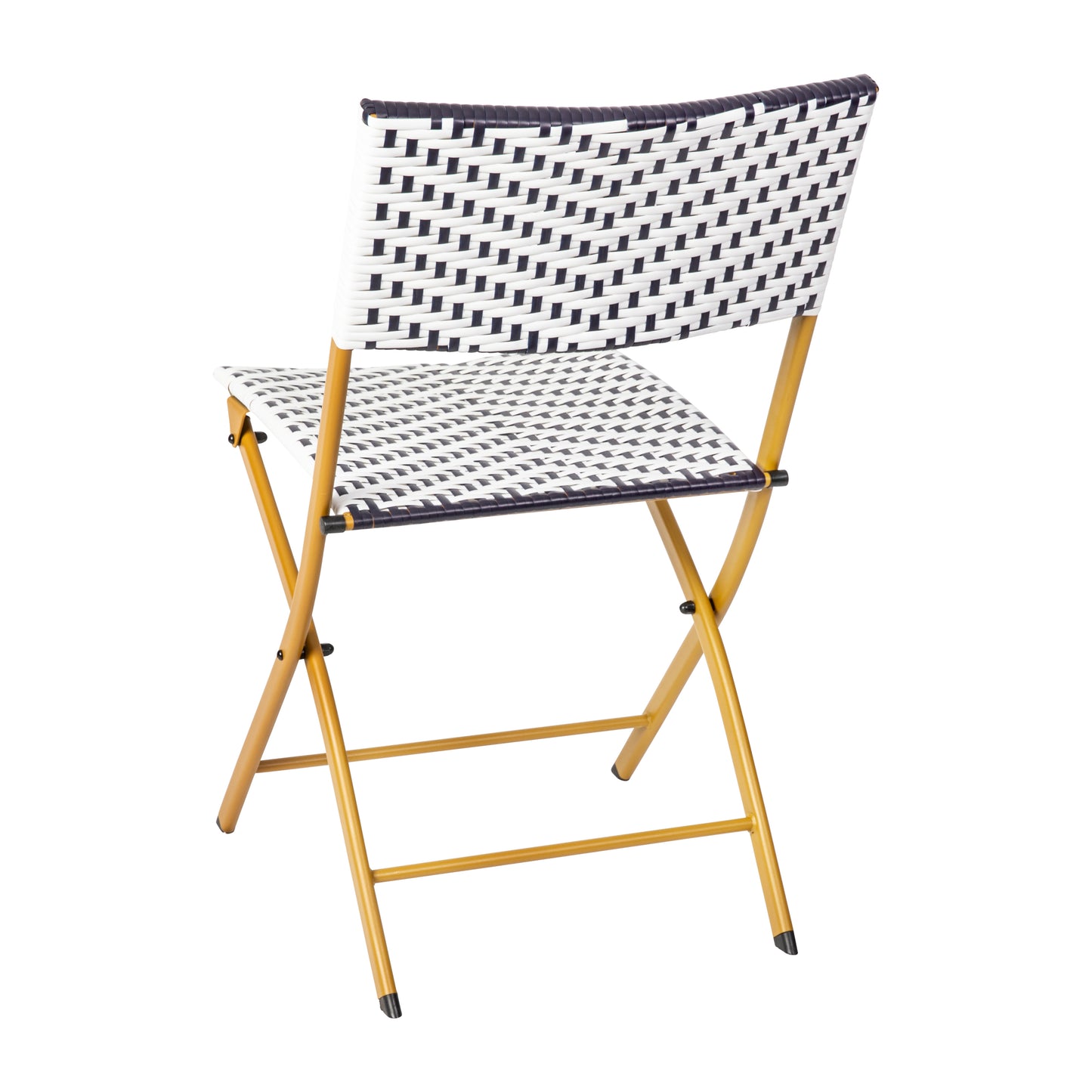 Rouen Three Piece Commercial Grade Foldable Bistro Set, Indoor/Outdoor PE Rattan Back, Seat and Table Top, Navy/White with Natural Steel Frames
