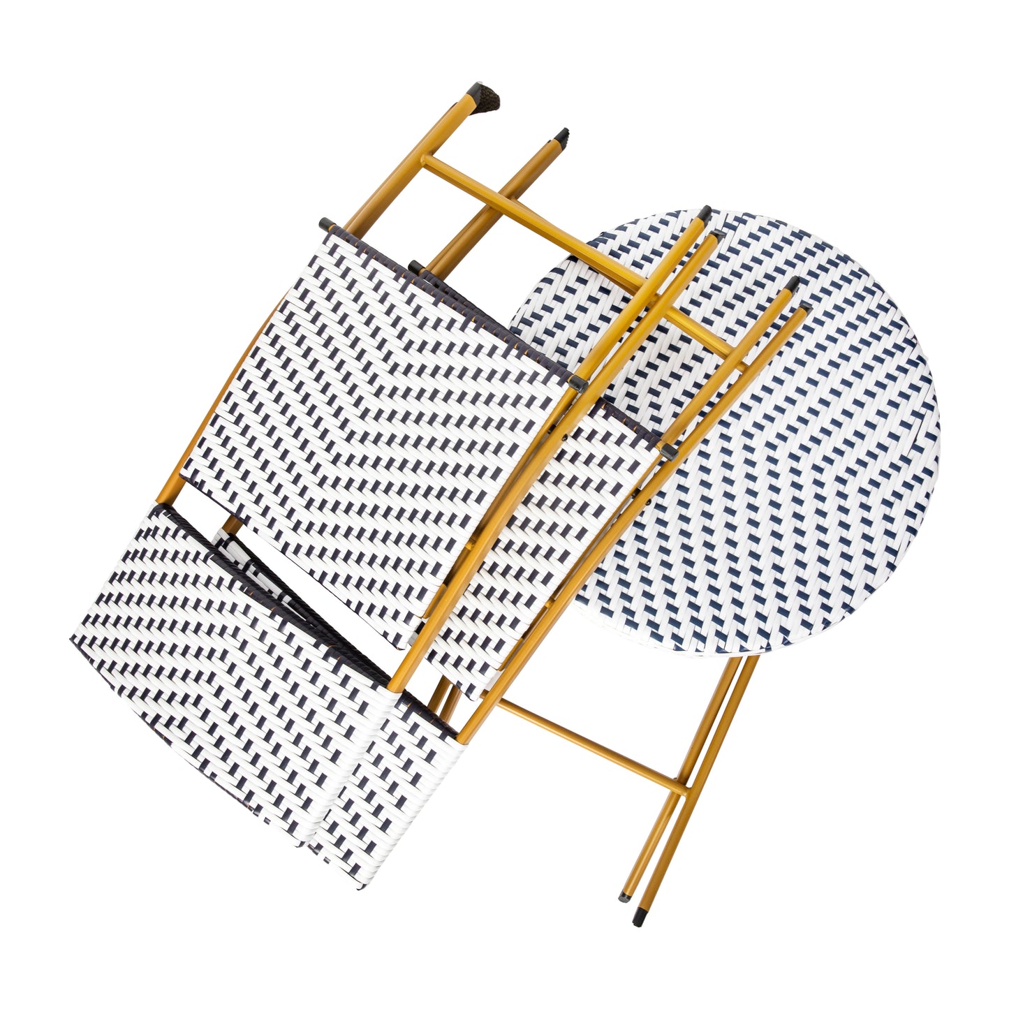 Rouen Three Piece Commercial Grade Foldable Bistro Set, Indoor/Outdoor PE Rattan Back, Seat and Table Top, Navy/White with Natural Steel Frames