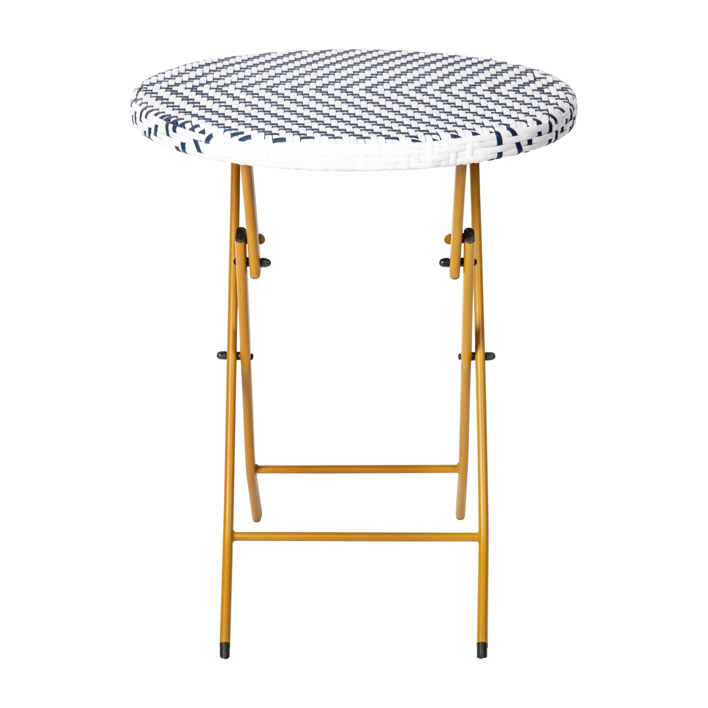 Rouen Three Piece Commercial Grade Foldable Bistro Set, Indoor/Outdoor PE Rattan Back, Seat and Table Top, Navy/White with Natural Steel Frames