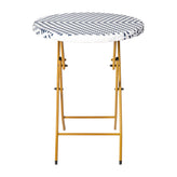Rouen Three Piece Commercial Grade Foldable Bistro Set, Indoor/Outdoor PE Rattan Back, Seat and Table Top, Navy/White with Natural Steel Frames