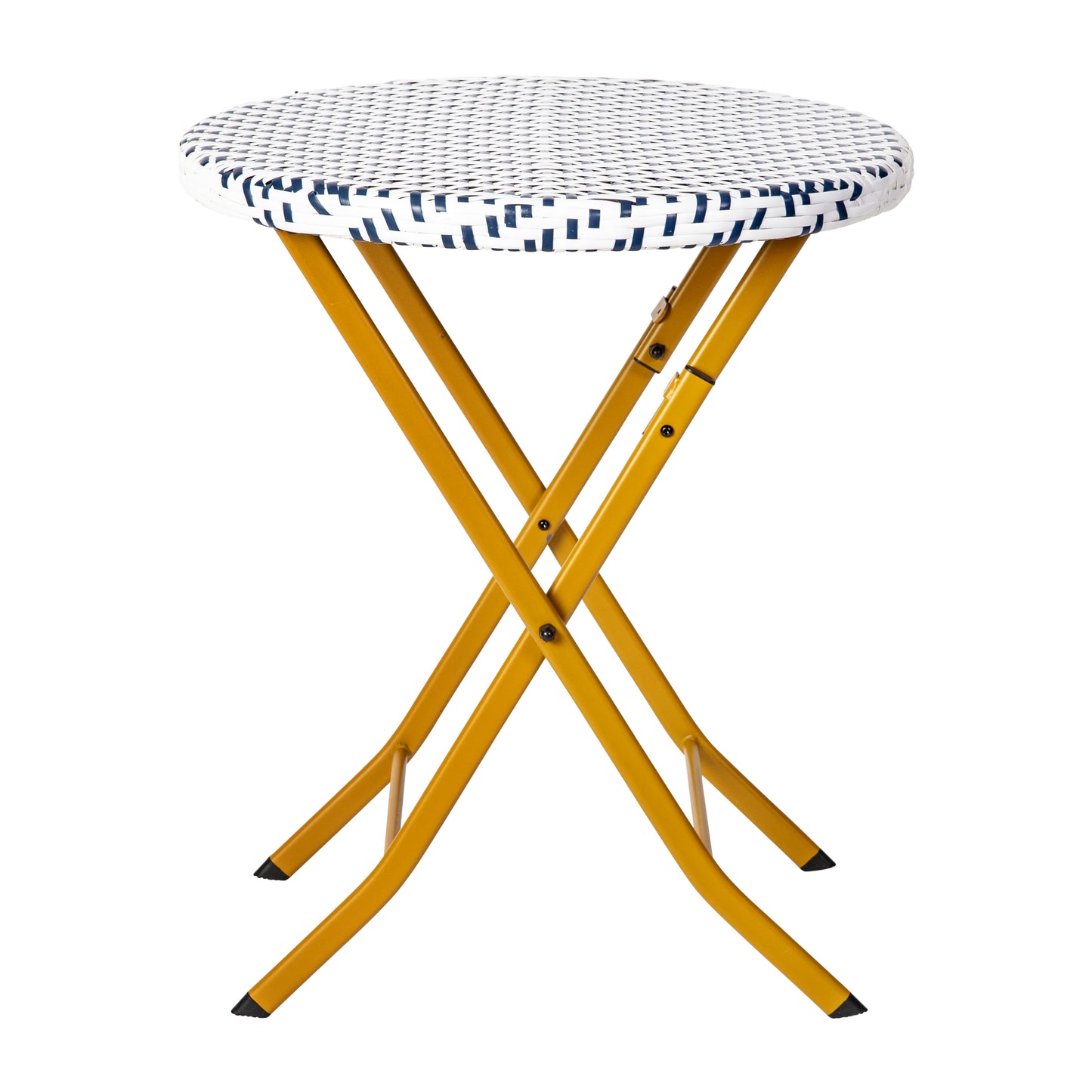 Rouen Three Piece Commercial Grade Foldable Bistro Set, Indoor/Outdoor PE Rattan Back, Seat and Table Top, Navy/White with Natural Steel Frames