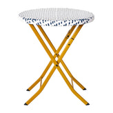 Rouen Three Piece Commercial Grade Foldable Bistro Set, Indoor/Outdoor PE Rattan Back, Seat and Table Top, Navy/White with Natural Steel Frames