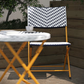 Rouen Three Piece Commercial Grade Foldable Bistro Set, Indoor/Outdoor PE Rattan Back, Seat and Table Top, Navy/White with Natural Steel Frames