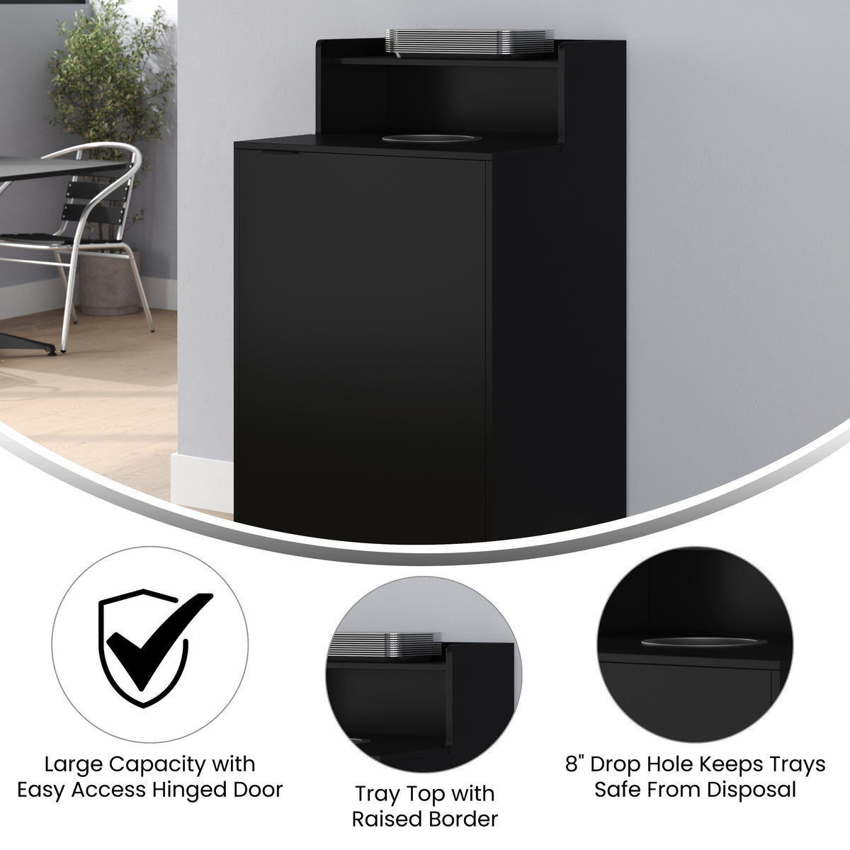 Dell Commercial Grade Trash Receptacle Enclosure for 32 Gallon Trash Cans with 8" Drop Hole and Upper Tray Shelf in Black