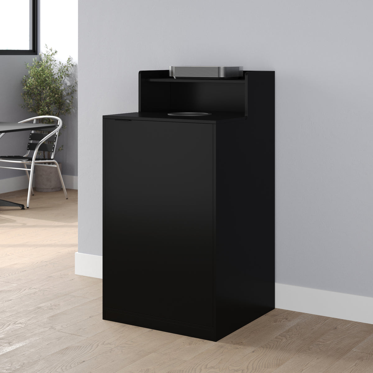 Dell Commercial Grade Trash Receptacle Enclosure for 32 Gallon Trash Cans with 8" Drop Hole and Upper Tray Shelf in Black