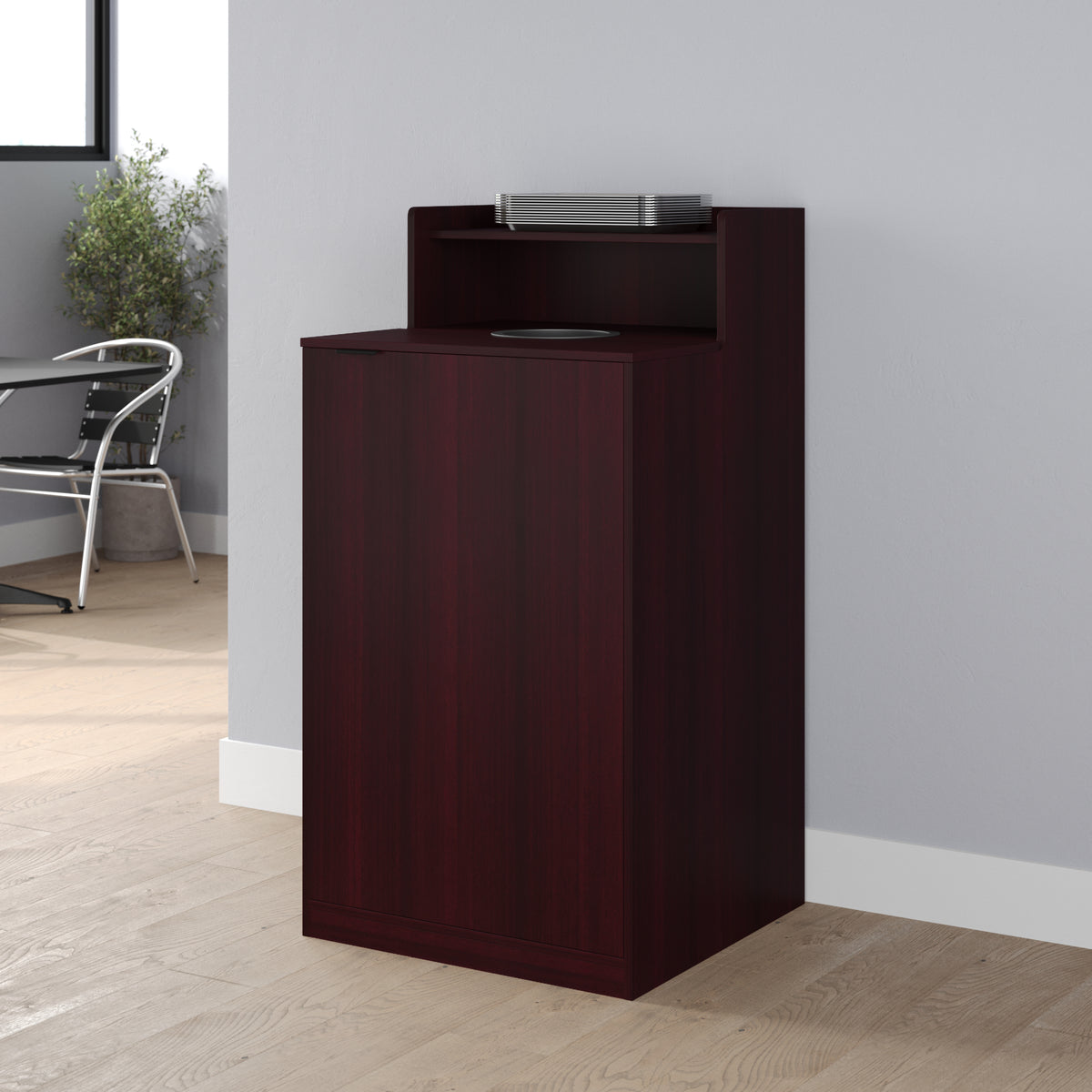 Dell Commercial Grade Trash Receptacle Enclosure for 32 Gallon Trash Cans with 8" Drop Hole and Upper Tray Shelf in Mahogany