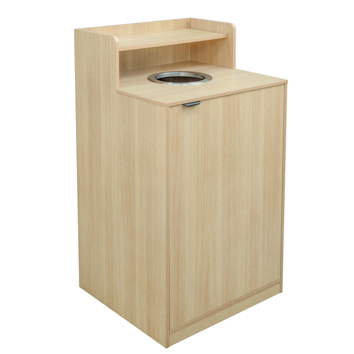 Dell Commercial Grade Trash Receptacle Enclosure for 32 Gallon Trash Cans with 8" Drop Hole and Upper Tray Shelf in Oak
