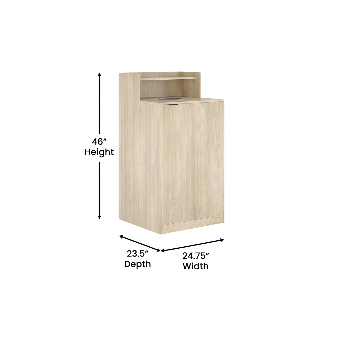 Dell Commercial Grade Trash Receptacle Enclosure for 32 Gallon Trash Cans with 8" Drop Hole and Upper Tray Shelf in Oak