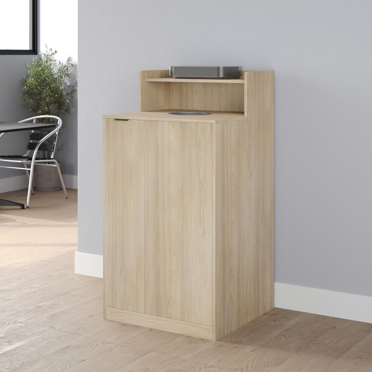 Dell Commercial Grade Trash Receptacle Enclosure for 32 Gallon Trash Cans with 8" Drop Hole and Upper Tray Shelf in Oak