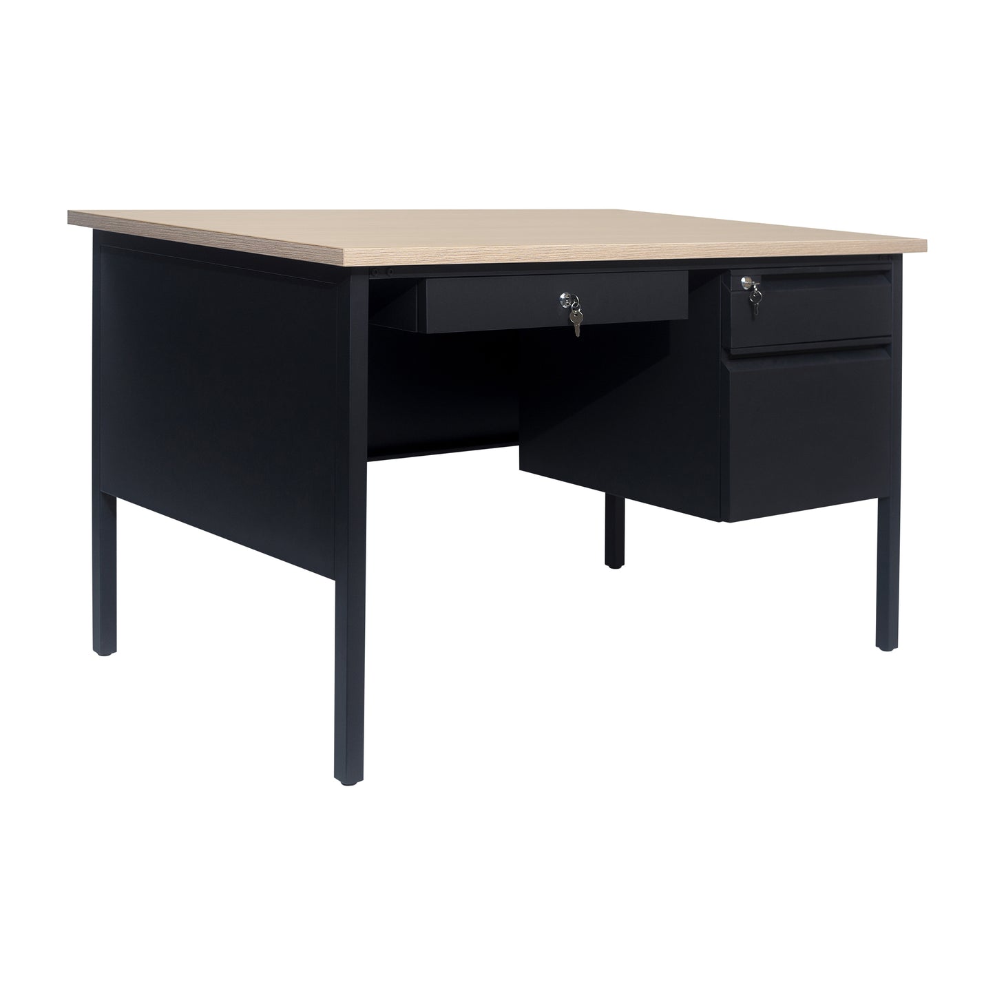 Cambridge Commercial Grade 30x48 Right Side Single Pedestal Desk with 3 Locking Drawers, White Oak Top and Black Frame