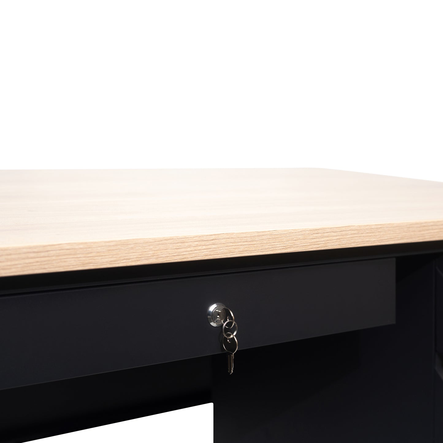Cambridge Commercial Grade 30x48 Right Side Single Pedestal Desk with 3 Locking Drawers, White Oak Top and Black Frame